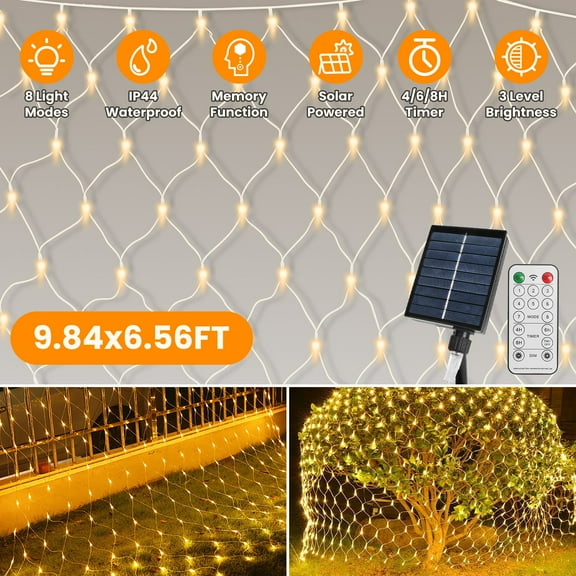 Moclever 9.84x6.56ft Solar Christmas Net Lights, Dimmable Outdoor Bush Lights with 192LEDs 8 Modes Remote Timer IP44 Waterproof for Holiday Party Wedding Patio