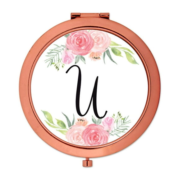 Koyal Wholesale Compact Mirror Bridesmaid's Wedding Gift, Rose Gold, Monogram Letter U, Peach and Pink Roses, 1-Pack