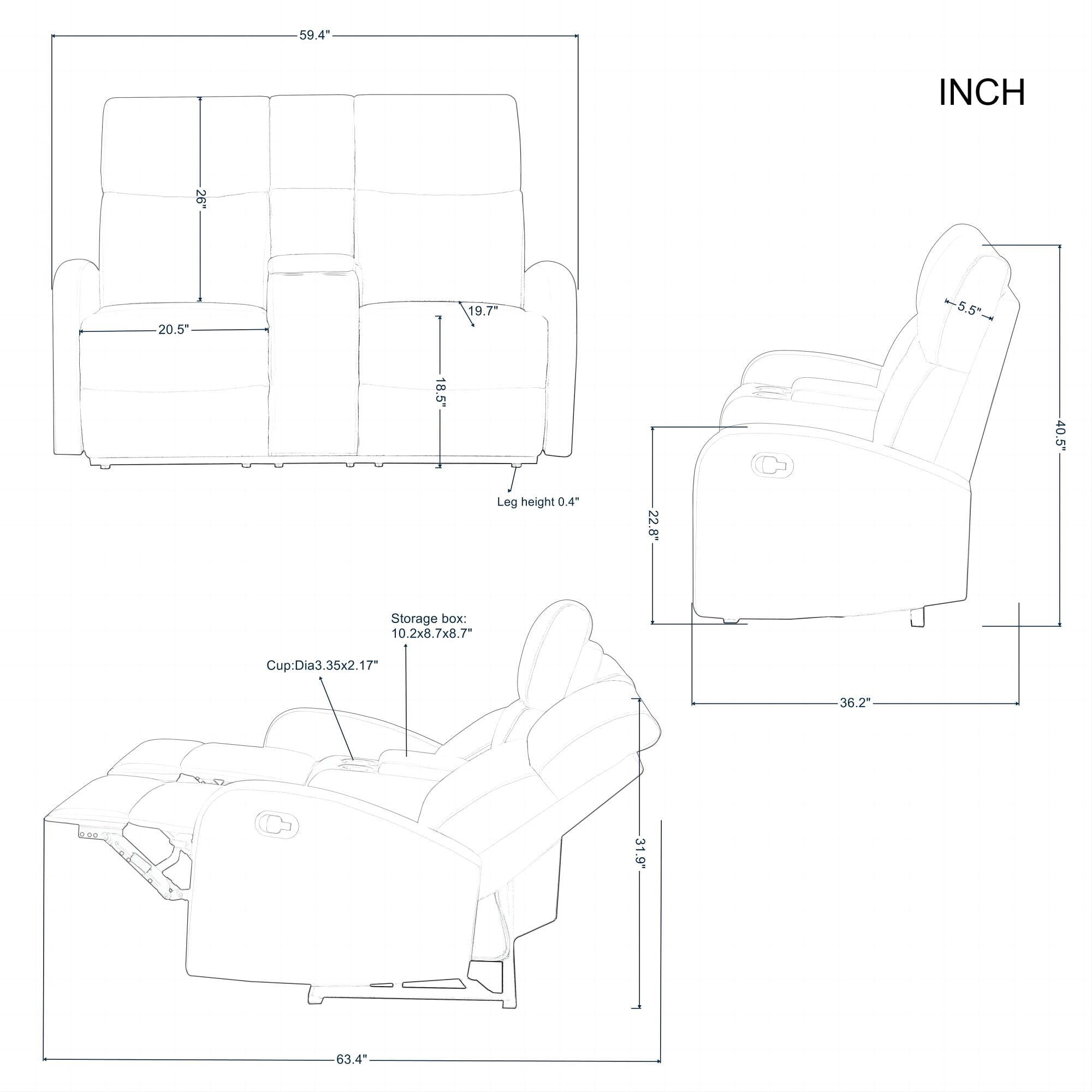 Aukfa 59.4" Recliner Loveseat, Manual Recling Sofa with Storage Console and Cup Holder for Living Room, Black