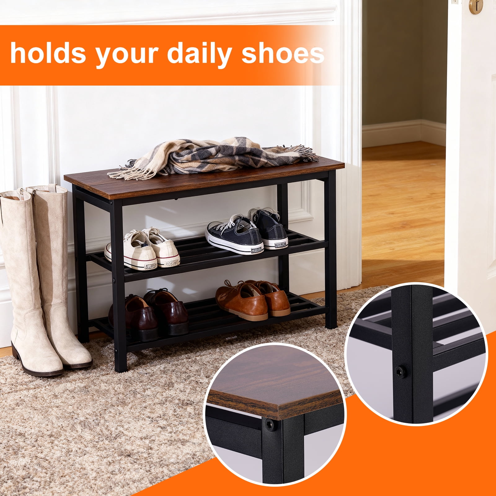 27" Shoe Bench, Modern Industrial Shoe Storage Bench, Entryway Bench with Mesh Shelf and Sturdy Metal Frame, Metal Shoe Rack with Durable Wood Top for Hallway, Mudroom, Living Room, Rustic Brown