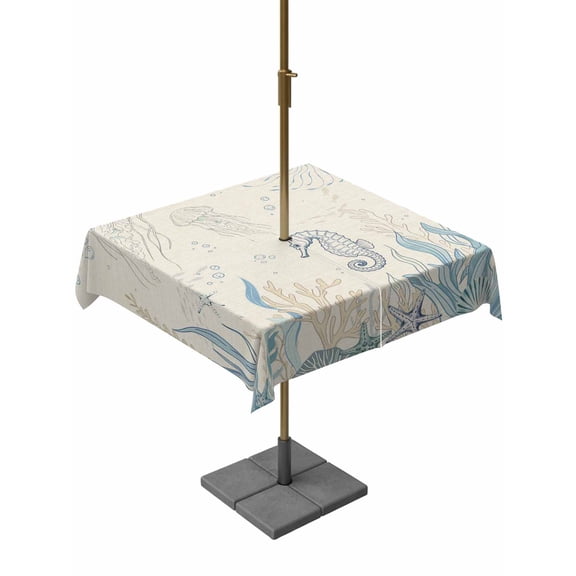 Outdoor Tablecloths with Umbrella Hole & Zipper, Blue Seahorse Coastal 60x60 Inch Square Tablecloths, Summer Beach Nautical Ocean Coral Vintage Waterproof Table Cloth, Patio/Pool/Picnic Table Covers