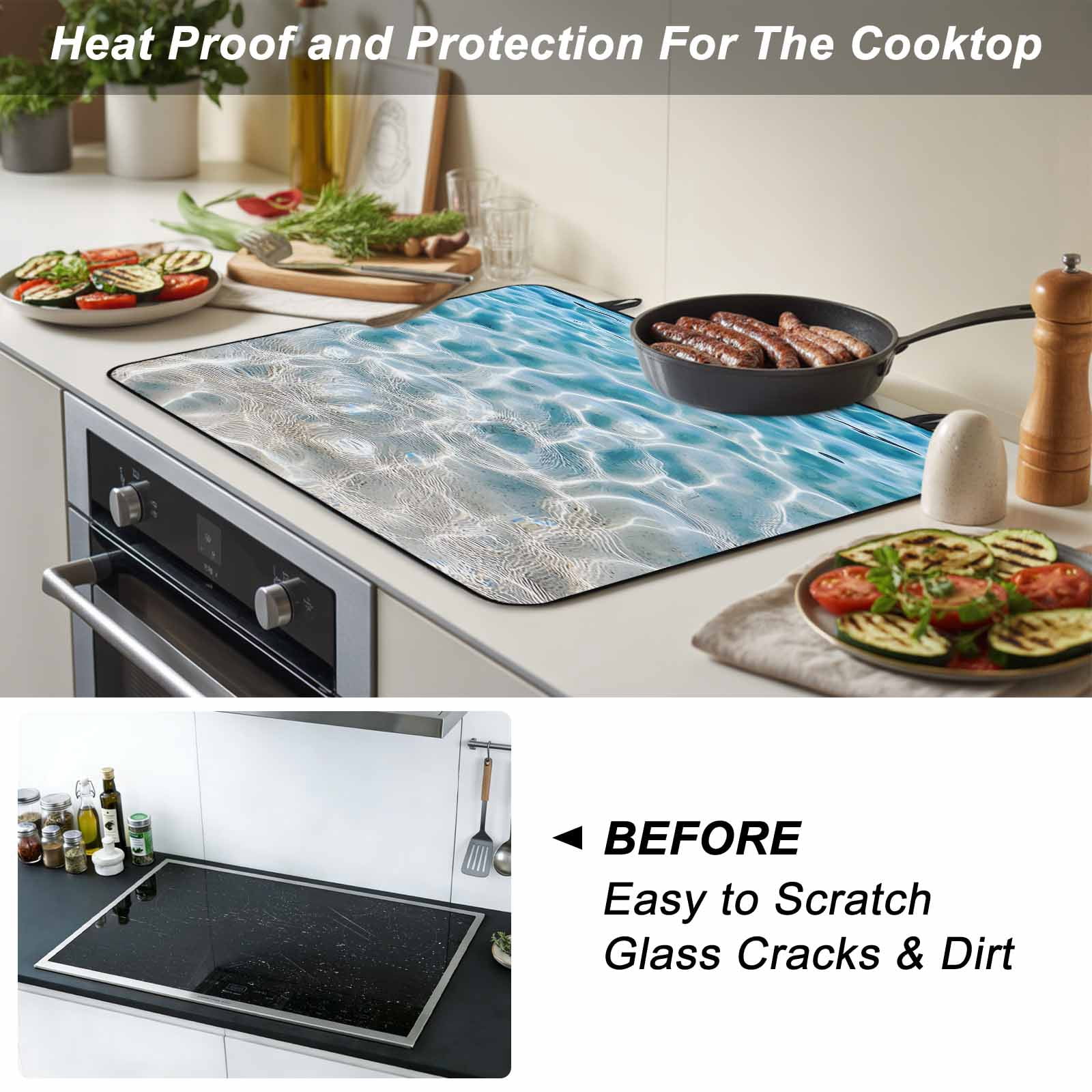 Blue Ocean Stove Top Cover for Electric Stove, Heat-proof & Non Slip Glass Top Stove Cover Protector, Underwater Sea Waves Water Ripple Seascape Kitchen Flat Cooktop Rubber Mat 24x21 Inches