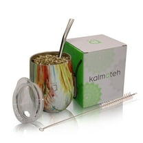 Kalmateh Yerba Mate Gourd- Modern 8 oz Mate Cup with BPA Free Lid- Double Walled 18/8 Stainless Steel - Includes Bombilla and Cleaning Brush (Flower Power)