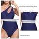 thumbnail image 5 of Mujeres una pieza traje de baño un hombro inclinado hombro cintura correas costura una pieza traje de baño bikini azul oscuro M, 5 of 6