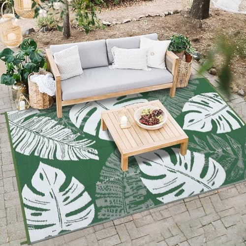 Ataucjin Large Outdoor Rug,8*12ft Waterproof Plastic Straw Rug, Modern Tropics Palm Leaves Camping Rug for Patio, Reversible Mat for Outside Patio RV Porch Deck Balcony