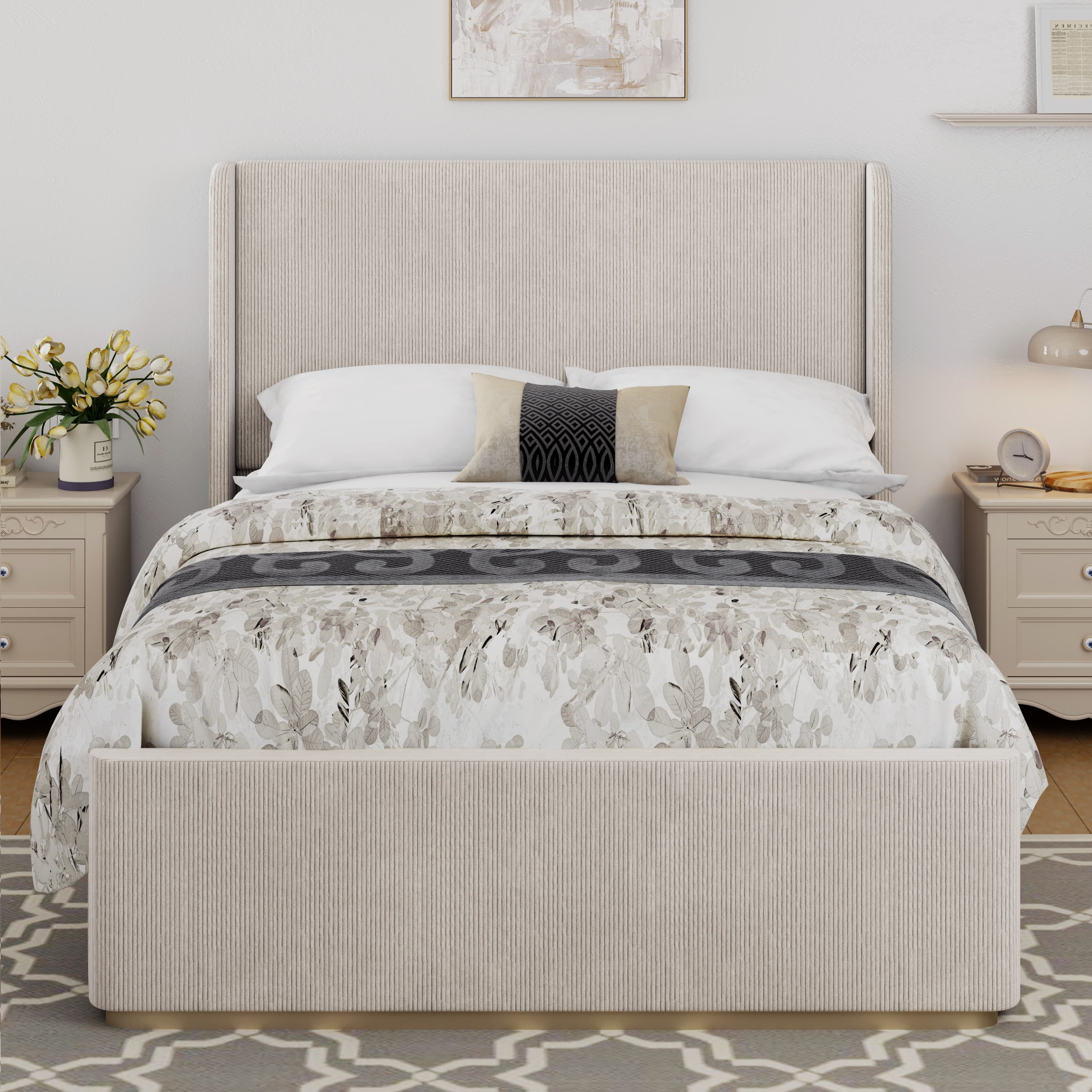 MAYEERTY Queen Corduroy Bed Frame Vertical Stripe Wingback Headboard for Bedroom Light Grey