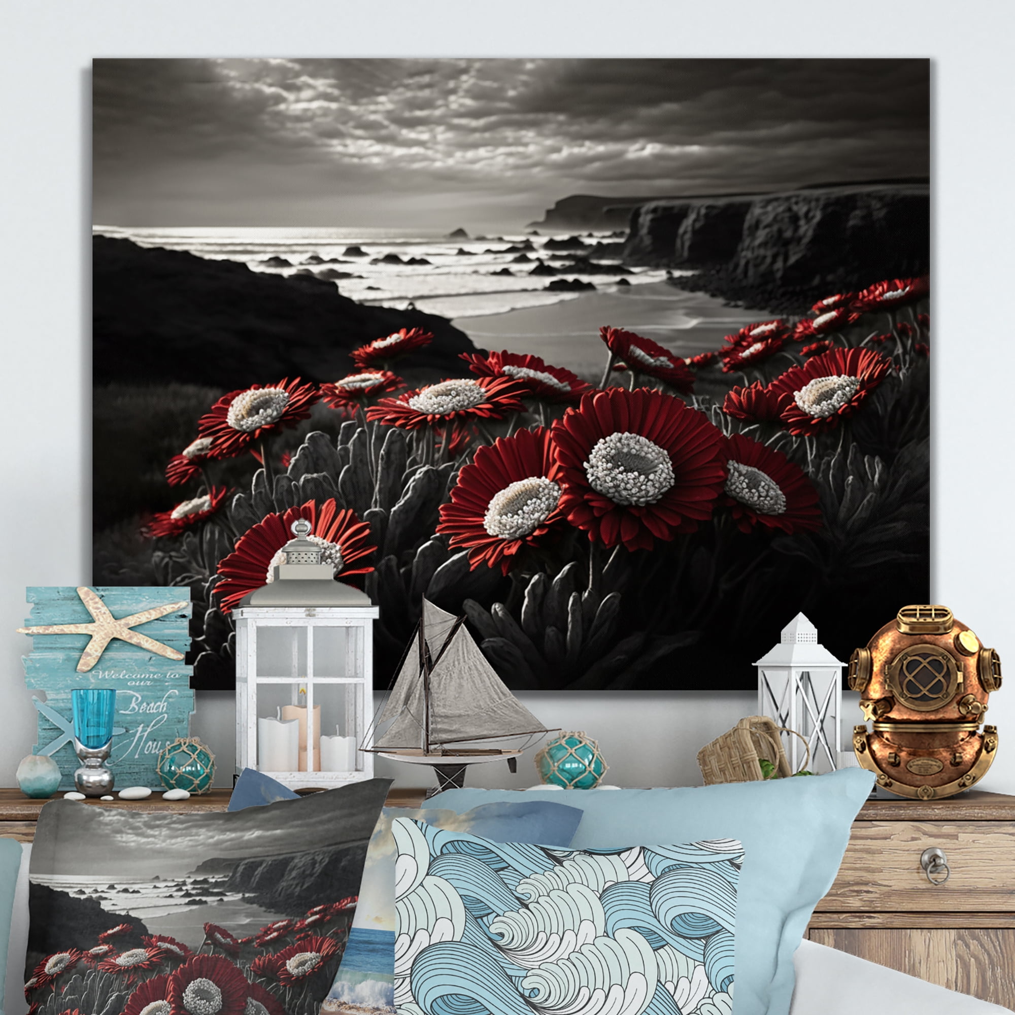 Designart Red Flowers By The Coast I Canvas Wall Art