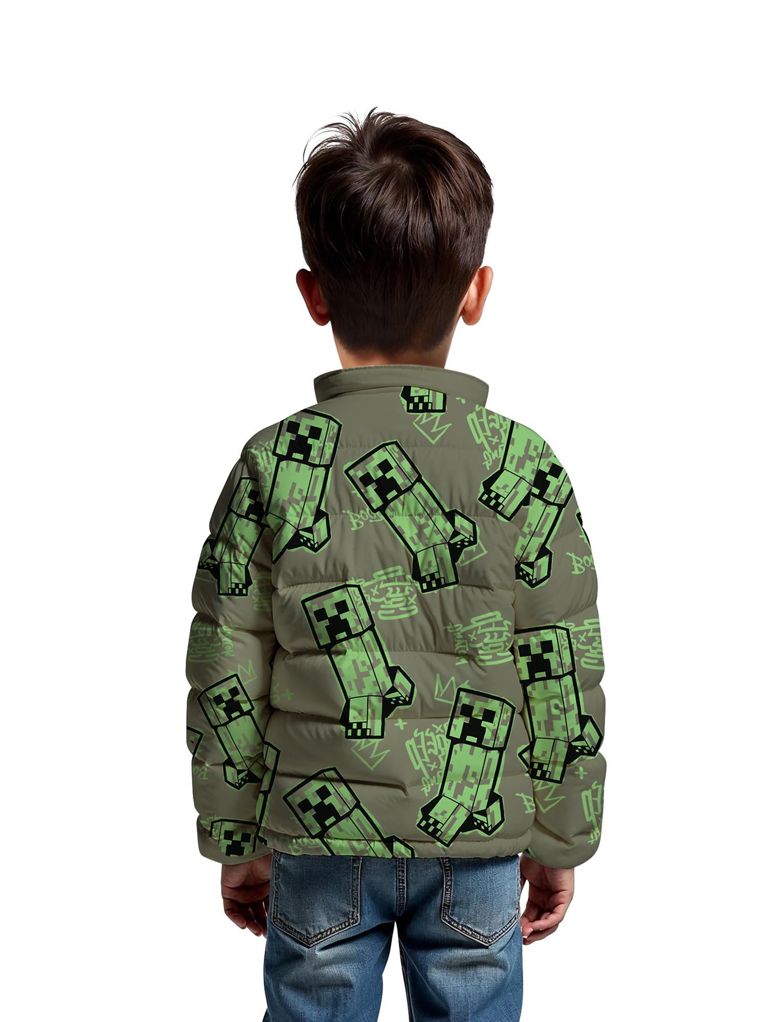 Minecraft Little and Big Boys Creeper Zip Puffer Jacket, Lightweight, Sizes 4-16