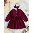 thumbnail image 3 of Diconna Baby Girl Corduroy Ruffle Dress Toddler Long Sleeve Smocked Princess Party Dress Fall Winter Outfit Wine Red 12-18 Months, 3 of 8