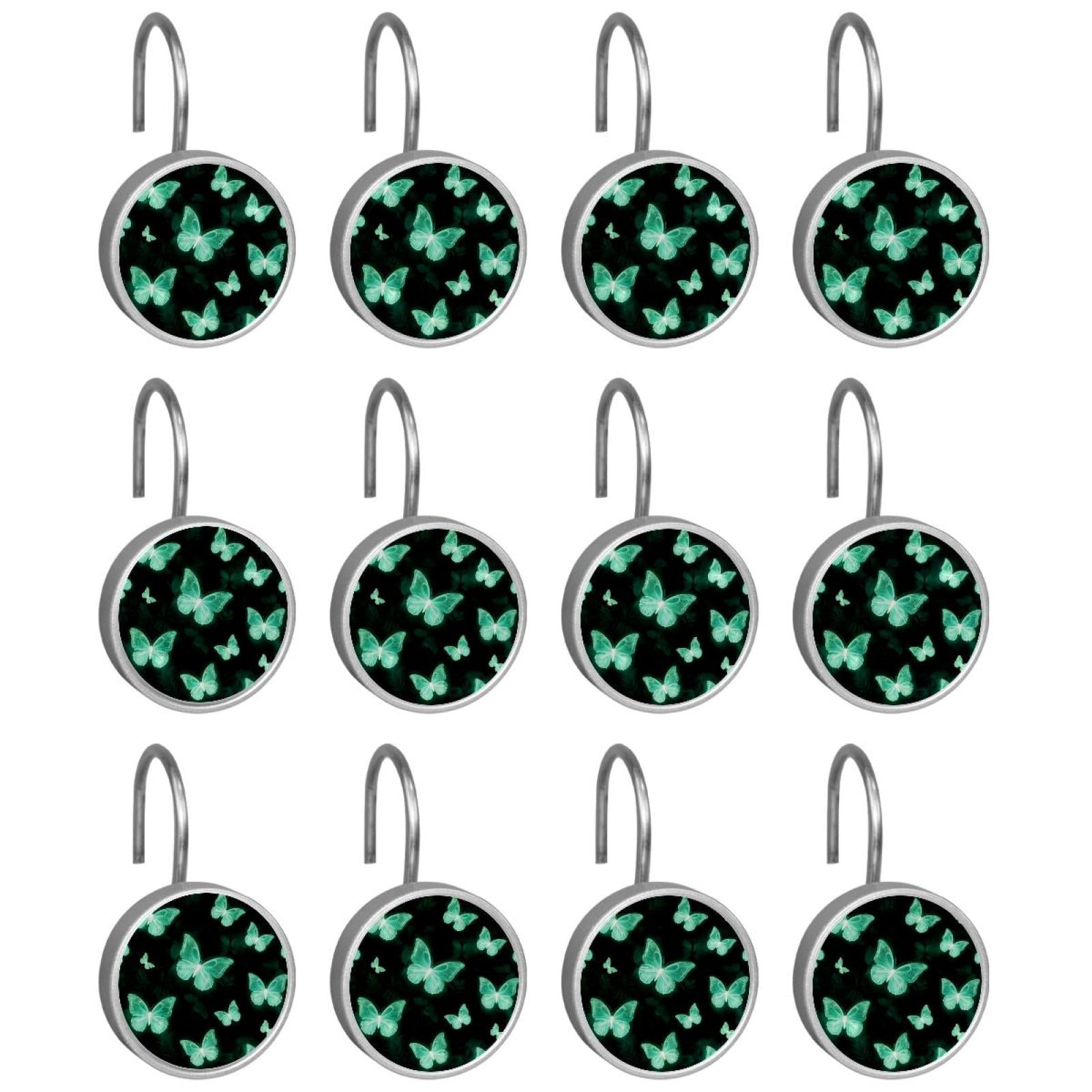 12pcs Decorative Shower Curtain Hooks, Rust Resistant Shower Rings for Bathroom Living Room,Rustproof Stainless Steel Rings for Shower Curtain and Liner Rods,Neon Green Leaves Butterflies