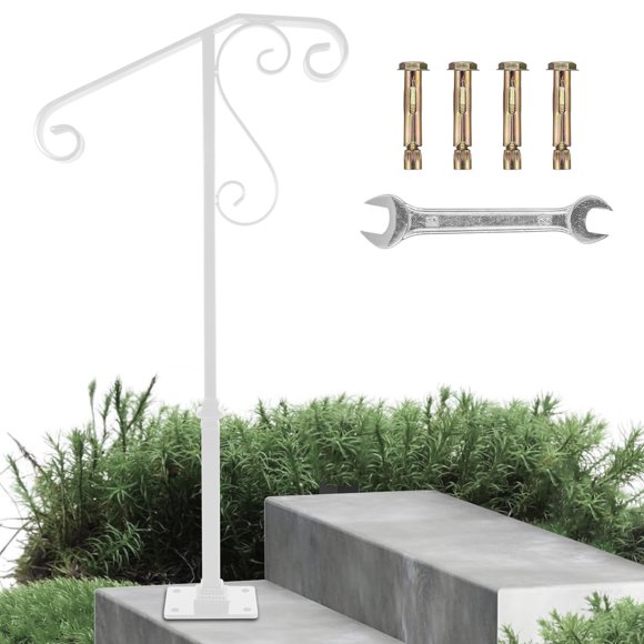 Handrails for Outdoor Steps, Single Post Wrought Iron Handrail Fits 1 or 2 Steps Outdoor Stair Railing, Transitional Porch Railings for Concrete Steps or Wooden Stairs with Base