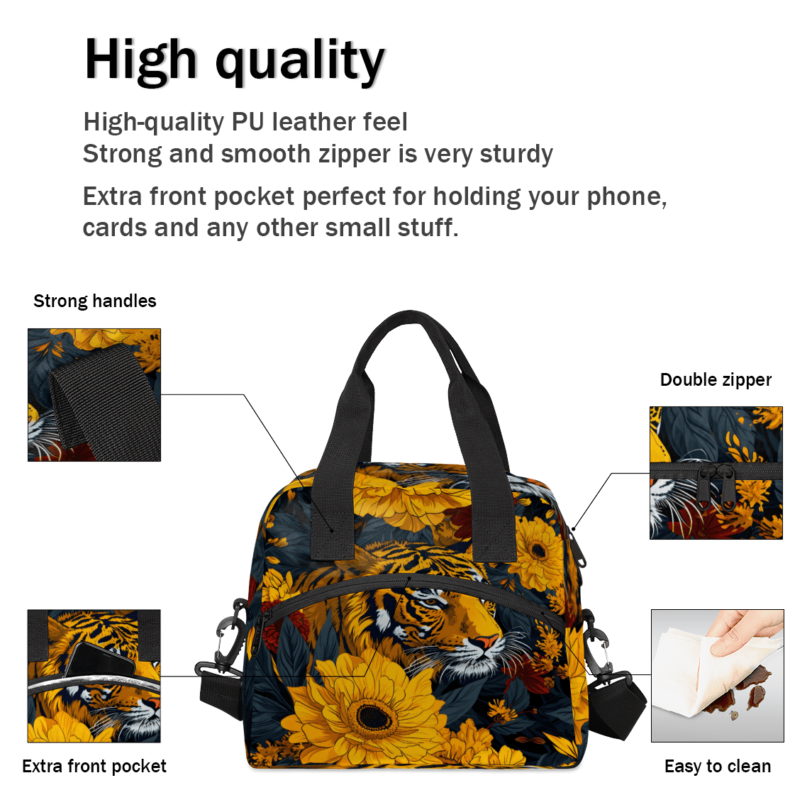 Herdesigns Tiger Insulated Lunch Bag for Women Men Adults Large Reusable Lunch Box Animal Safari Leakproof Cooler Tote Bags with Adjustable Shoulder Strap
