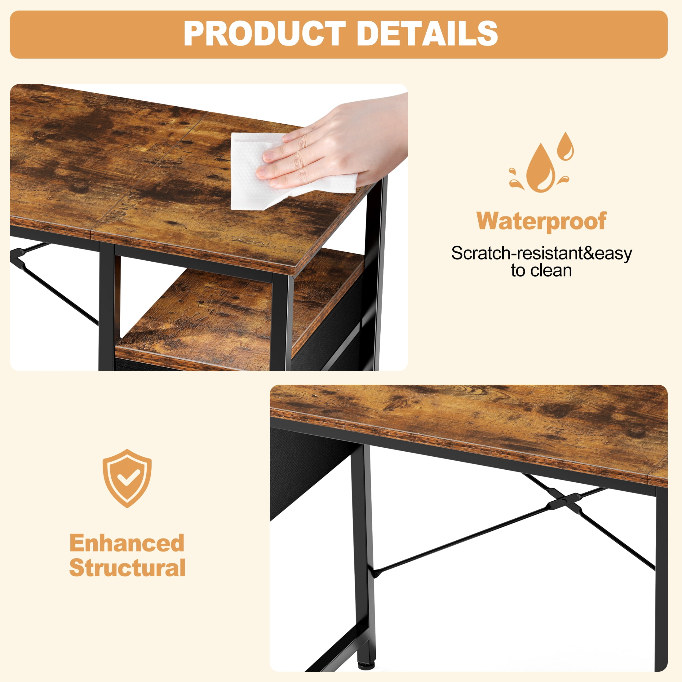 EDX 40 Inch Computer Desk with 3 Drawers, Writing Desk with Side Storage Pocket, for Home Office, Bedroom , Rustic Brown