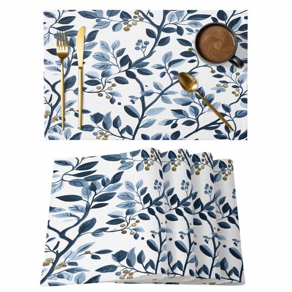 Navy Blue Botanical Placemats Set of 6 Summer Spring Leaves Place Mats Indoor Wipeable Table Mats Washable Cloth Dining Table Placemats for Kitchen Holiday Party Home Decor 13x19 Inch