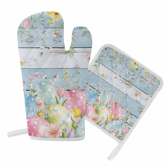 Oven Mitt and Pot Holders Set Colorful Egg Heat Resistance Oven Glove with Non-Slip Surface Kitchen Oven Mitts and Hot Pads for Cooking Baking Grilling BBQ Spring Floral Easter Eggs Wood Grain