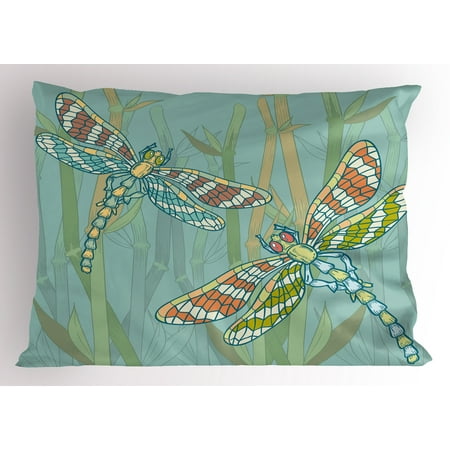 Dragonfly Pillow Sham Doodle Style Giant Dragonfly Figures on Lake Bushes Nature Exotic Picture Art, Decorative Standard Size Printed Pillowcase, 26 X 20 Inches, Almond Green, by