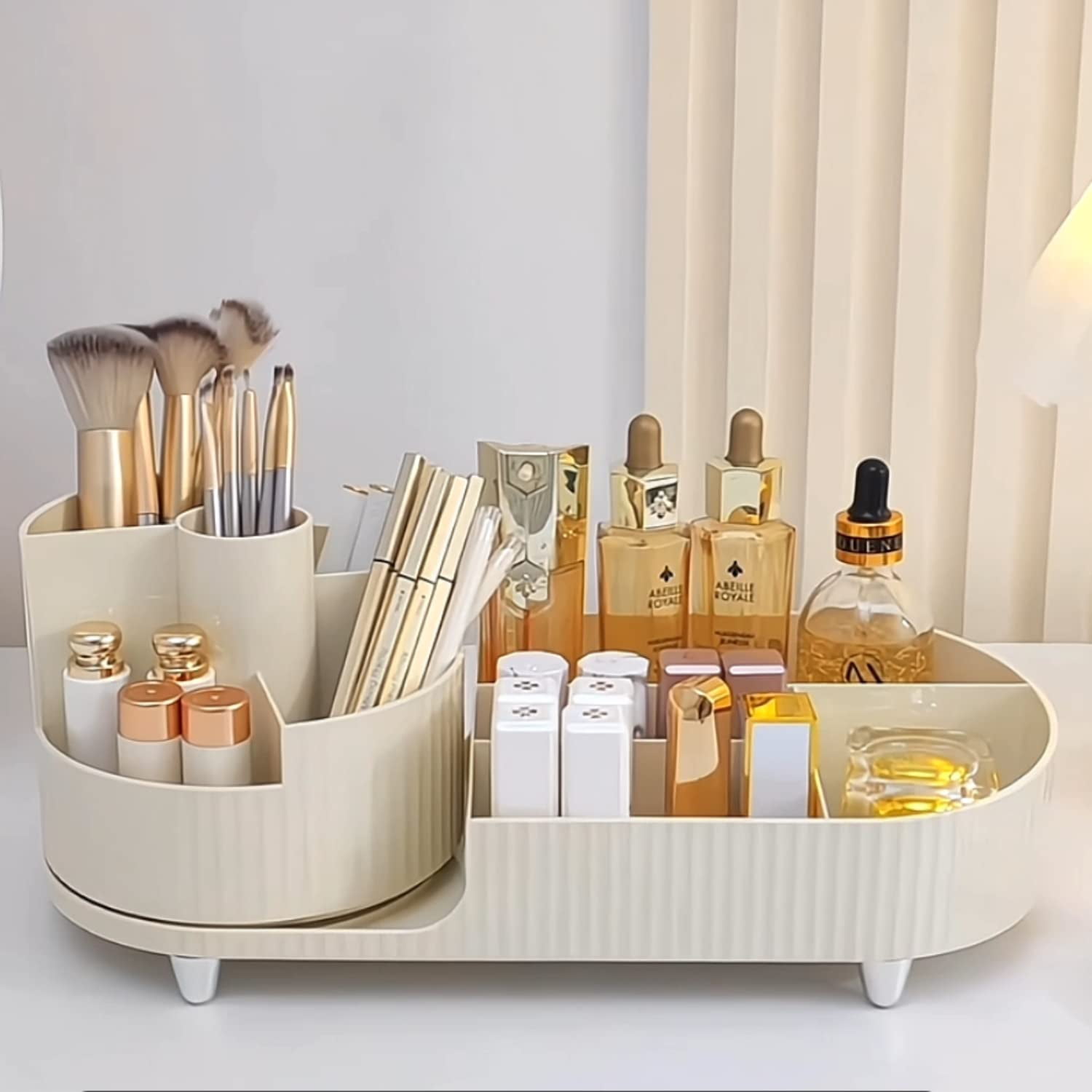 Govvep Makeup Organizer, Dresser Rotating Cosmetic Organizer with Brush, Holder for Perfume Jewelry Lipstick Makeup Skin Care Organizer, Ivory