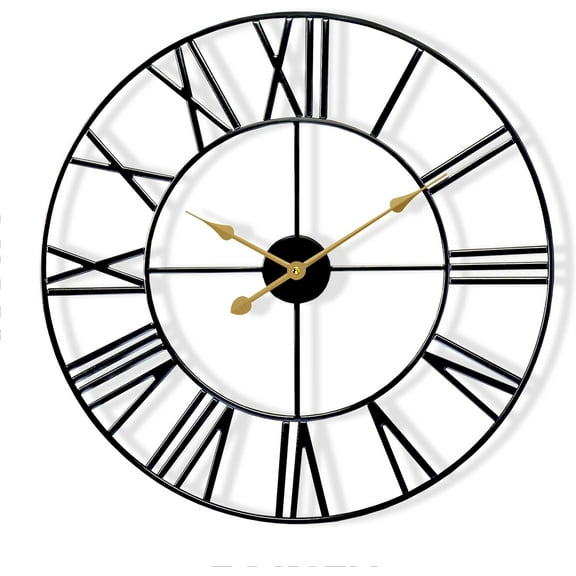 YYEAN Large Wall Clock for Living Room Decor – Easy to Hang 24-Inch Big Wall Clock – Metal Wall Art for Kitchen, Bedroom, Home, Office – Analog Decorative Wall Clock-Black (Roman)