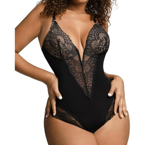 SMZ Lace Shapewear Bodysuit Tummy Control Corset Tops V Neck Sleeveless Backless Body Suit Thongs XL