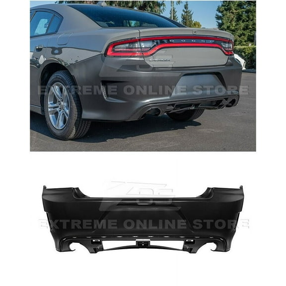 Replacement For 2015-Present Dodge Charger Models | Facelift SRT HellCat Style Polyurethane - Primed Black Replacement Full Conversion Rear Bumper Cover