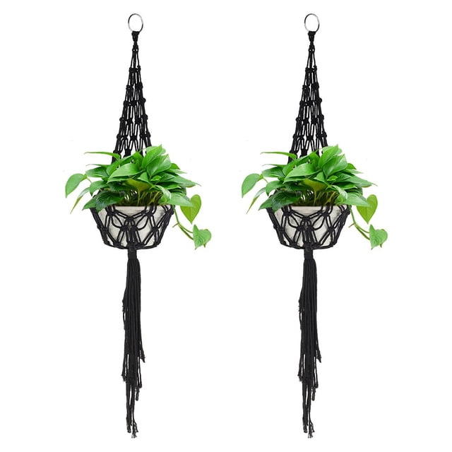 POINTERTECK 2Pcs Macrame Plant Hanger Net Hanging Planter Flower Pot Holders Hanging Planter Basket Handmade Cotton Rope Hangers Decorative Macrame Hangers Boho Home Decor (35.4‘‘Black)