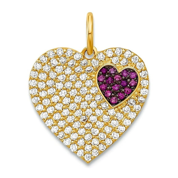 13.75mm 10k Solid Yellow Gold Polished Clear and Red Cubic Zirconia Love Heart Charm Pendant Necklace for Women
