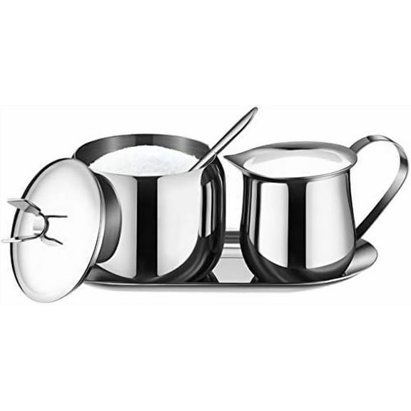Creamer and Sugar Bowl Set Stainless Steel Latte Milk Cup Cream Jug and Sugar Bowl with Lid Spoon Tray for Coffee Serving Set Frothing Milk