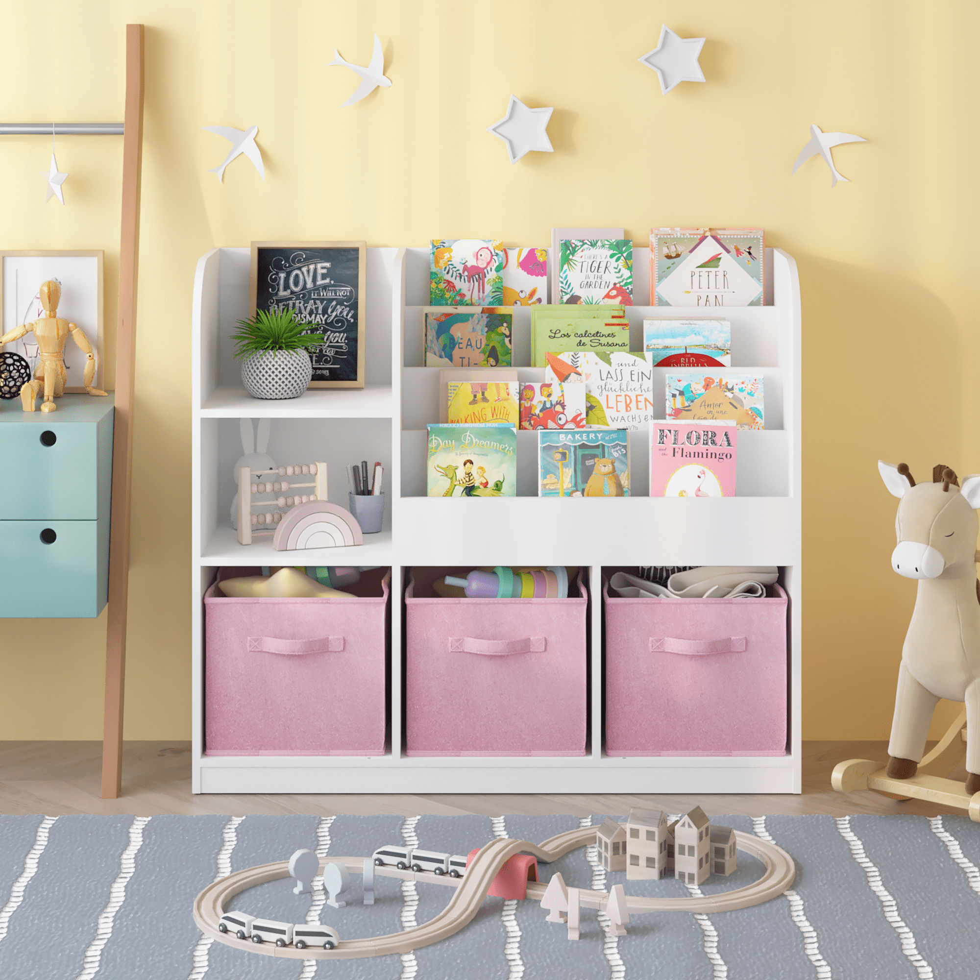 Kids Bookcase and Bookshelf, Multifunctional Bookcase with 3 Collapsible Fabric Drawers, Bookcase Display Stand, Toy Storage Organizer for Bedroom, Playroom, Hallway (White/Pink)