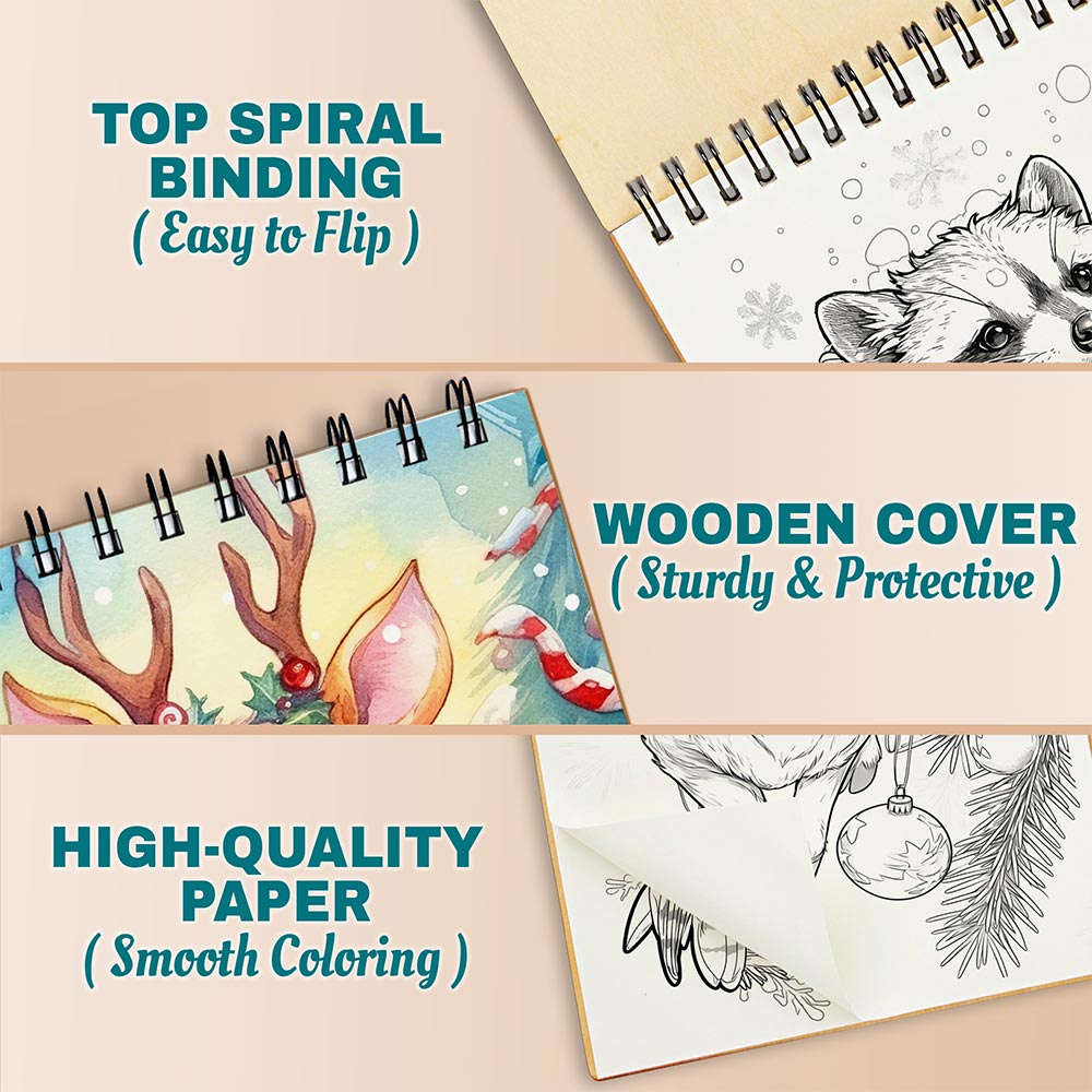 Netecom Christmas Critters Coloring Book Spiral Bound for Adults, A5 Wooden Cover, 30 Adorable Coloring Pages of Festive Animals for Stress Relief and Relaxation