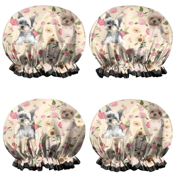 Shower Caps,Yorkie with Pioneer Flower Waterproof Shower Cap for Women 4 Pieces,Double Reusable Hair Cover for Shower PEVA Elastic Stretch Hem