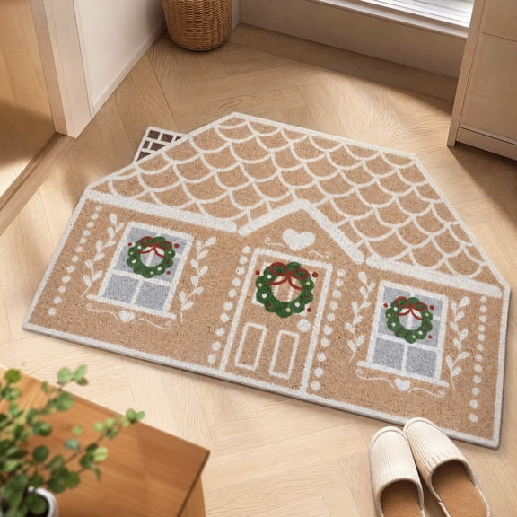 Darzheoy Christmas Gingerbread House Doormat, Festive House Shape Mat, Christmas Decorations Indoor Outdoor, Holiday Entryway Floor Decor for Home Floor