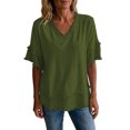 thumbnail image 2 of Linen Shirts for Women Summer Short Sleeve Loose Casual V Neck Raw Distressed T Shirt Lightweight Beach Tops, 2 of 5