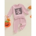 thumbnail image 4 of Michellecmm Little Girls Halloween Pants Sets Long Sleeve Ghost Checkerboard Print Tops Solid Color Pants Sets, 4 of 9