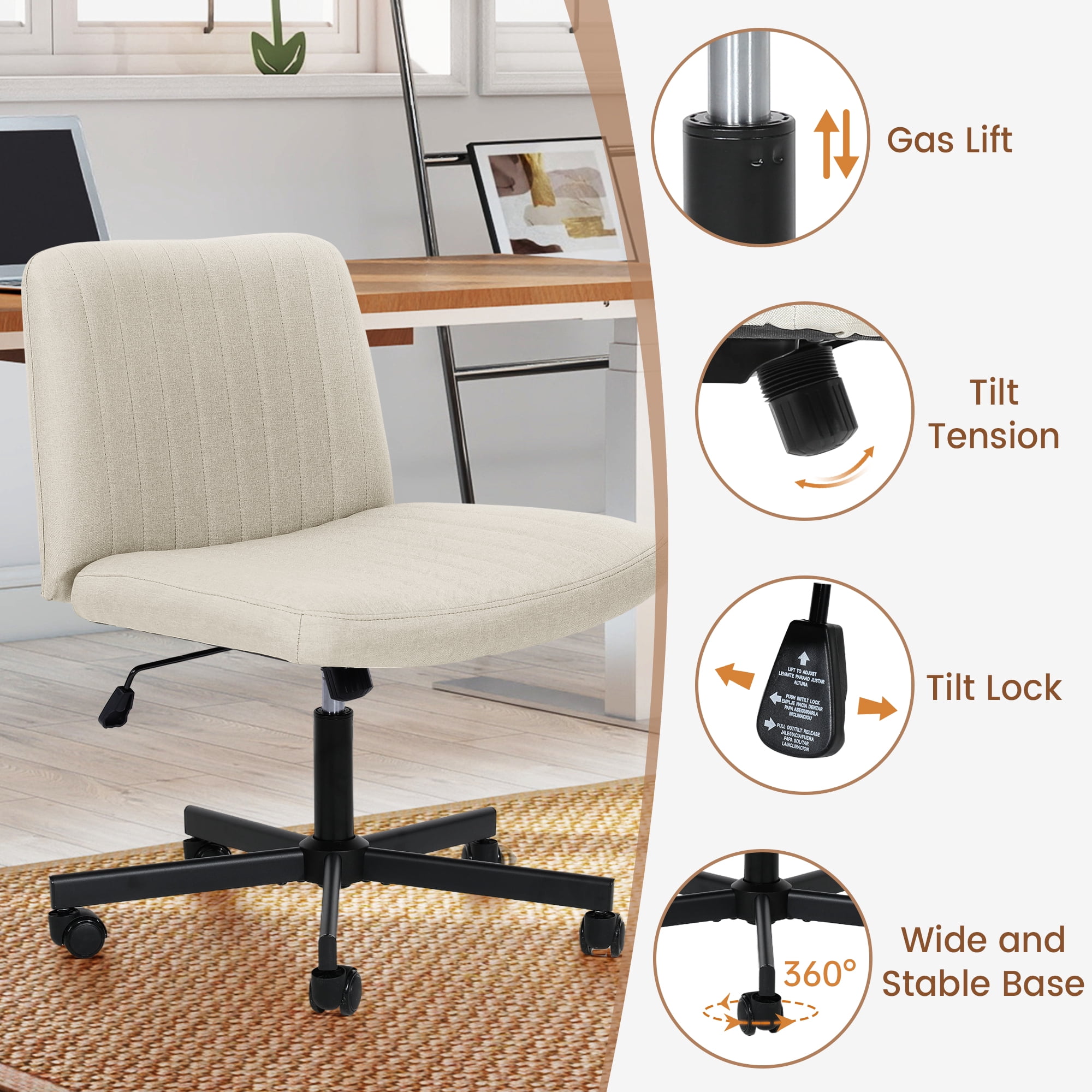 TUAREX Criss Cross Rolling Chair, Wide Seat Armless Office Chair with Wheels, Plus Size Comfort for Desk, Vanity or Bedroom, Beige