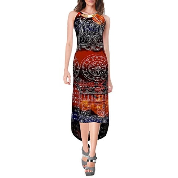 Peach Couture Metal Halter Neck Tropical Maxi Dress