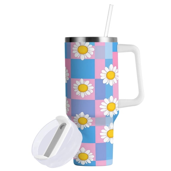 Yayeee 40oz Stainless Steel Tumbler with Straw and Handle Double-Wall Insulated Travel Water Bottle, Playful Daisy