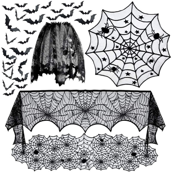 CQHVKQ 40PCS Halloween Decorations Set, 3D Bat Wall Stickers, Lace Tablecloths, Lampshade & Spider Web, Halloween Black Tablecloths & Runner Combo, Black Spider Web Decoration for Halloween Party