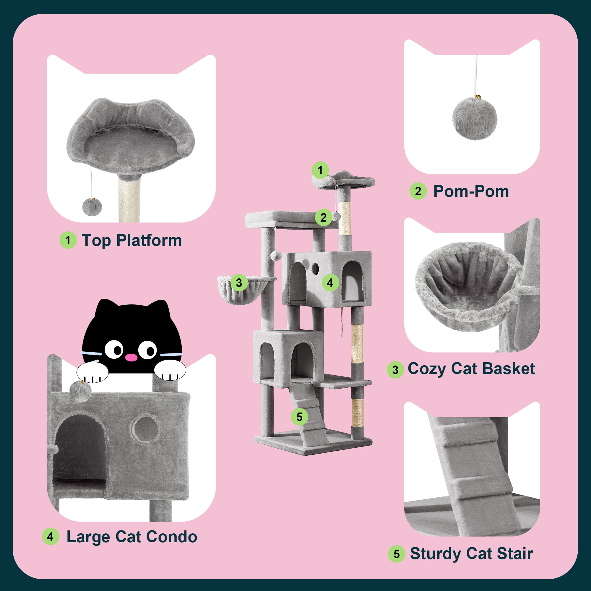 Amolife 64" Large Cat Tree and Tower with Stair, Condo House & Scratching Posts for Indoor Cats, Gray