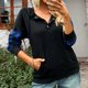 thumbnail image 2 of Sudadera con capucha Rejilla Manga larga Cuello en V Cordón Botón Bolsillo Casual Tops de moda para mujer Negro M, 2 of 6