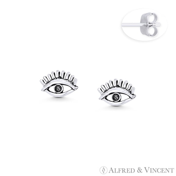 Evil Eye w/ Lash Luck Charm 5x8mm Tiny Stud Earrings in Oxidized .925 Sterling Silver