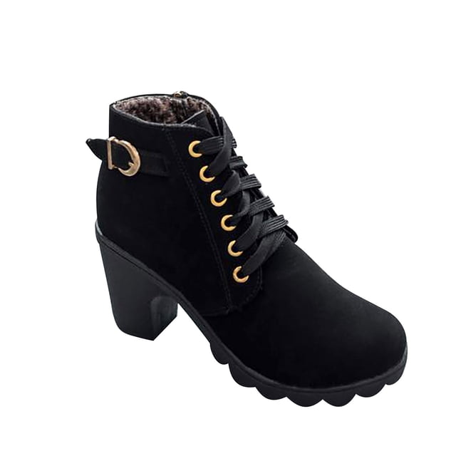 jsaierl Metal Solid Color Round Toe Thick Side Zipper Winter Women's Leather Boots