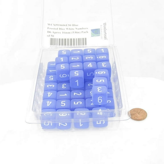 Blue Frosted Dice with White Numbers D6 Aprox 16mm (5/8in) Pack of 50 Wondertrail