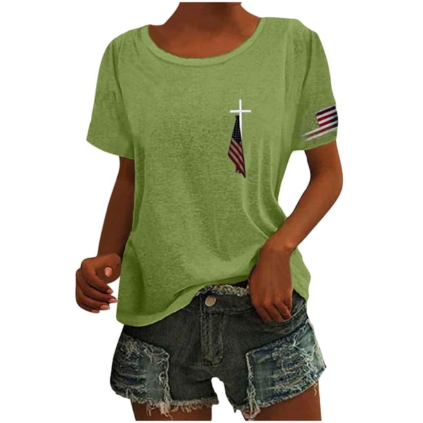 Tops Cortos para las Mujeres Día de la Independencia Patriótica Impreso Cuello en V, Manga Corta Top Casual para Diario, Fiesta Y Todas las Estaciones