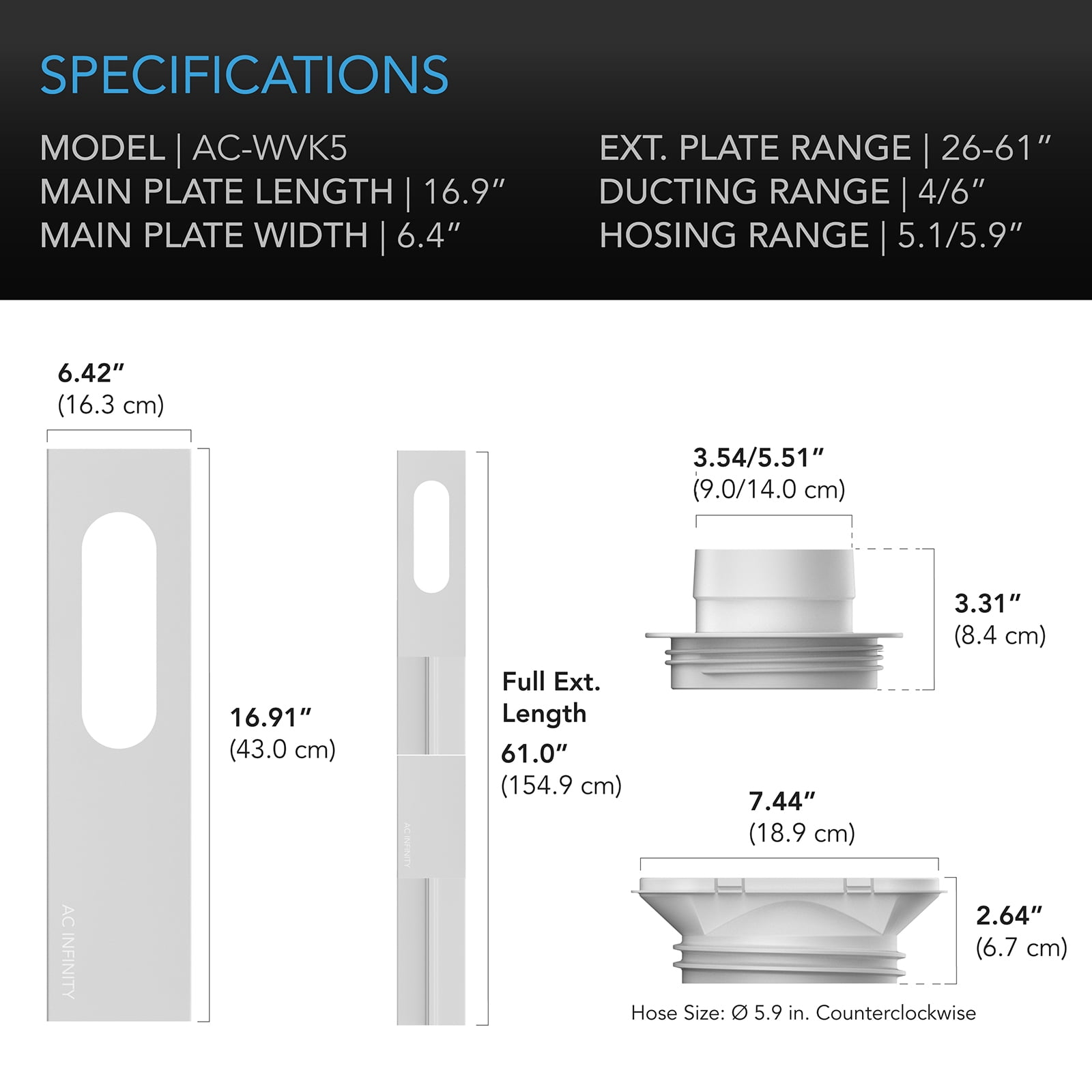 AC Infinity Window Duct Kit, Universal Vent Port for 4” and 6” Inline Fans, Window Vent Kit Fit with HVAC Ducting, Hoses, Duct Fans, Air Conditioner, and Dryer in Homes, Grow Tents, and Indoor Grow Ro