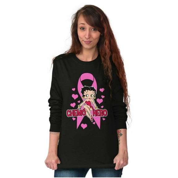 Betty Boop Breast Cancer Chemo Hero Women Plus Size Long Sleeve Graphic Tee Brisco Brands 2X