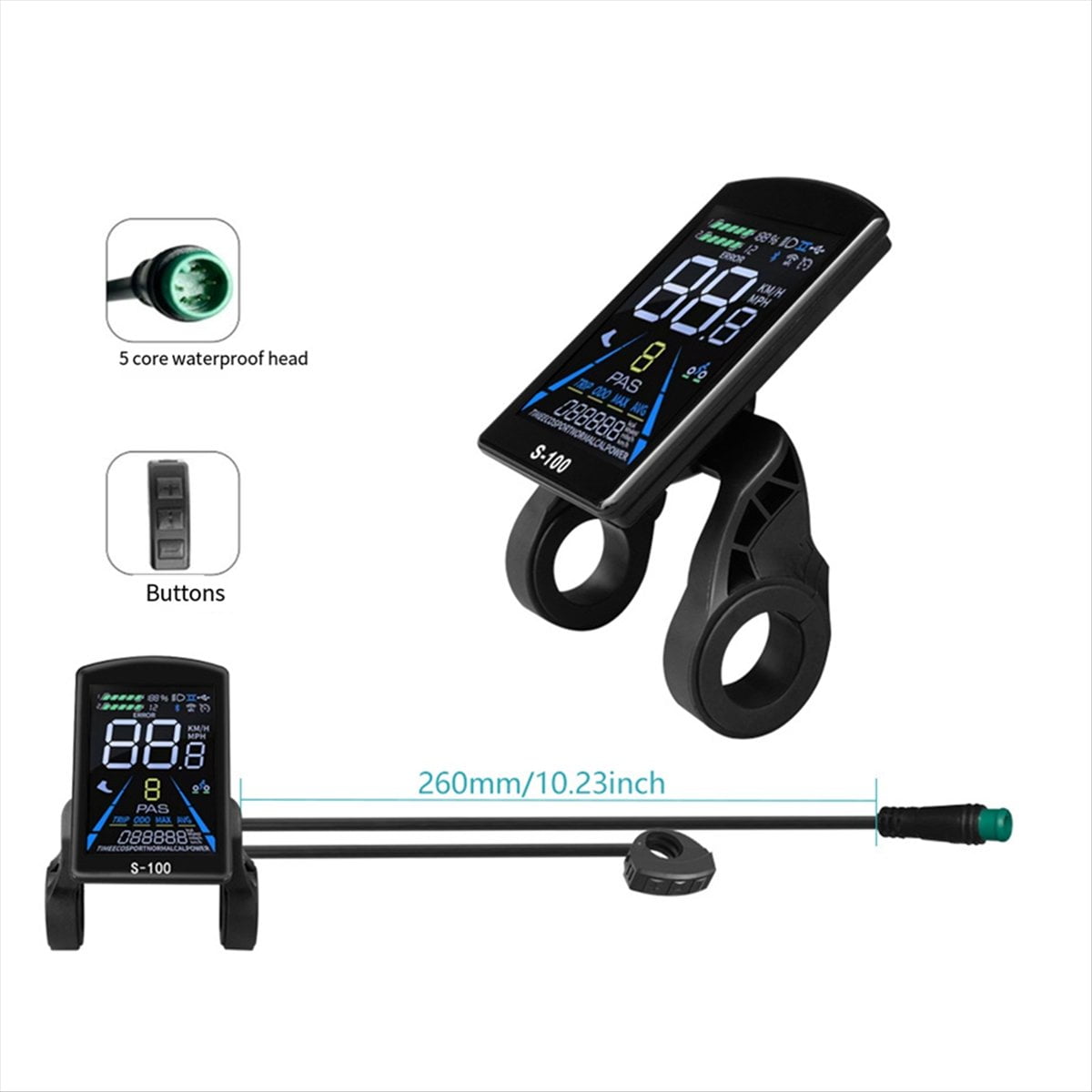Electric Bicycle Display S-100 LCD Display Control 24V - 72V Speed Meter 5pin Speedometer Waterproof Black Plastic