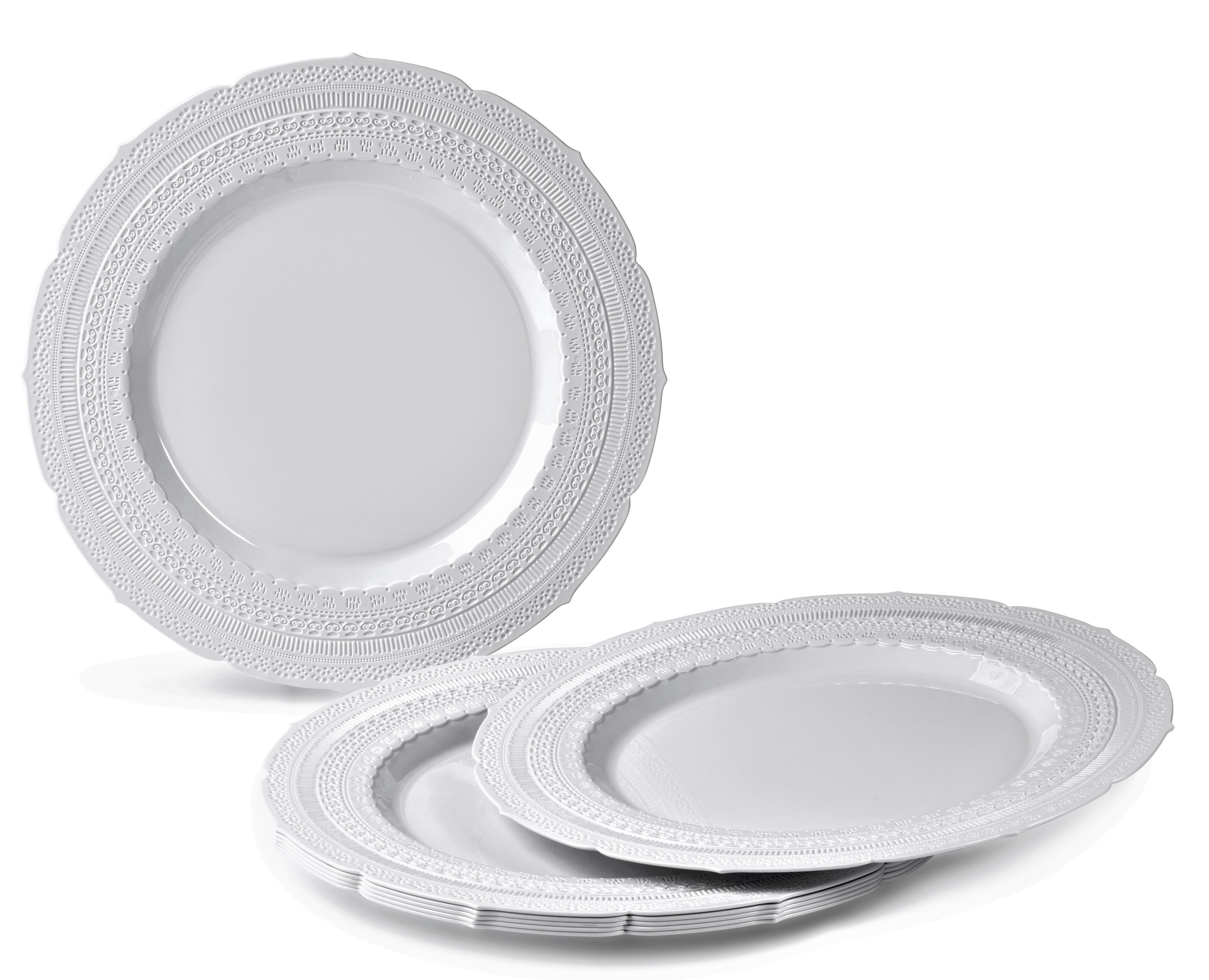 " OCCASIONS " 120 Plates Pack,(60 Guests) Extra Heavyweight Vintage Wedding Disposable / Reusable Plastic Plates 60 x 11'' Dinner +60 x 8.25'' Salad / Dessert Plate (Chatesau Light Gray)