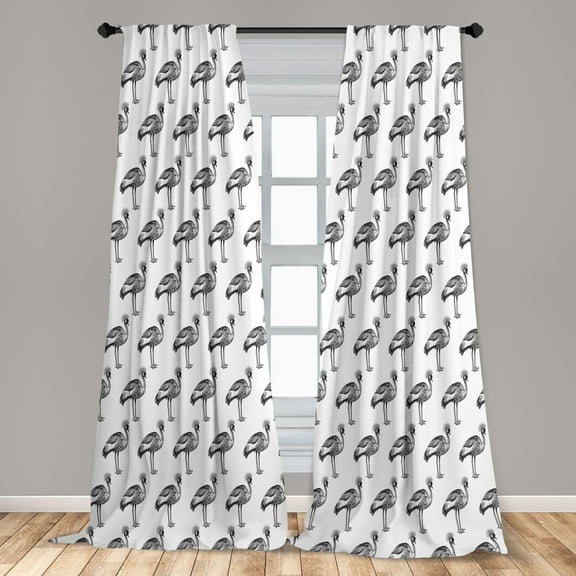 Birds Curtains 2 Panels Set, Repetitive Monochrome and Sketchy Pattern of Crowned Cranes, Window Drapes for Living Room Bedroom, 56"W X 84"L, Charcoal Grey White, by Ambesonne