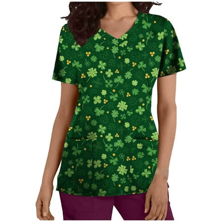 

Ozmmyan Womens Tops St Patricks Day Scrubs for Women s Fashion Short Sleeve V-Neck Tops Working Uniform Printing Pocket Blouse Tops