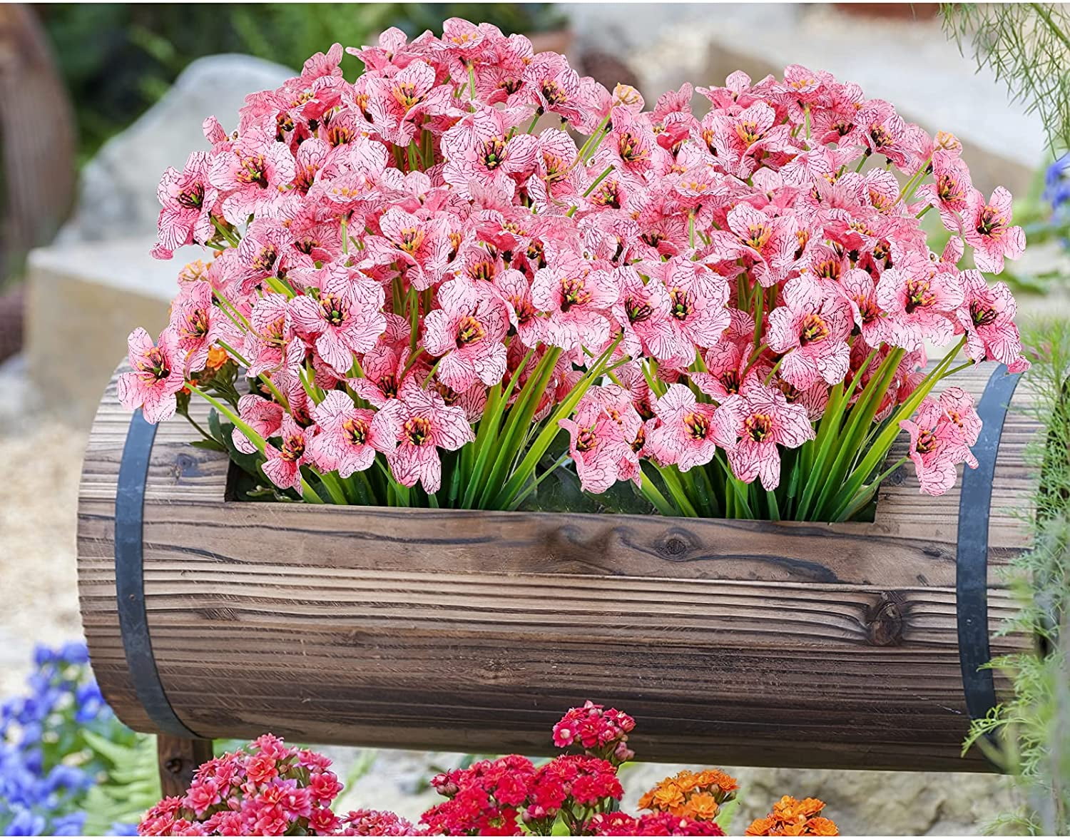 24 Bundles Artificial Flowers for Spring Decoration, Outdoor UV Resistant Fake Silk Flowers No Fade Faux Plastic Plants for Indoor Outside Window Box Porch Hanging Basket Decor (Pink-violet)